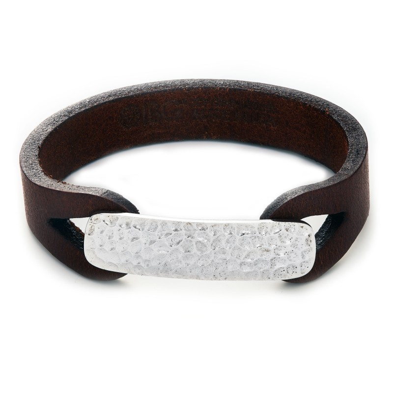 Men's Brown Leather & Hammered Stainless Bracelet