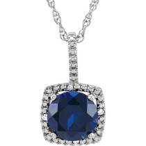 Sterling Silver Lab Grown Blue Sapphire and Diamond Pendant